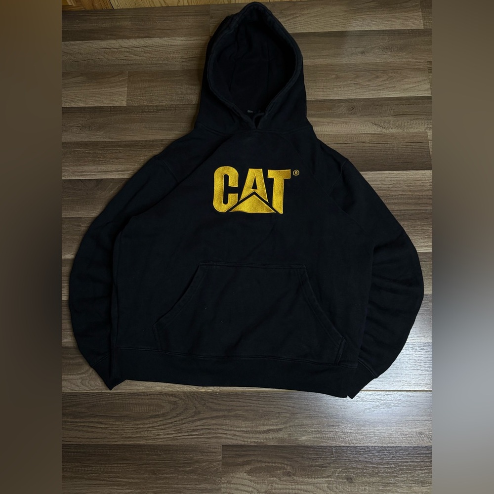 CAT Black Fleece Pullover Hoodie Men’s L Logo Hooded Cotton Polyester Pockets